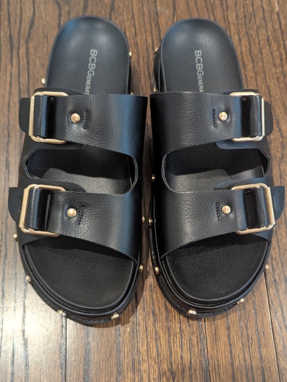 BCBGeneration Black Studded Double-Buckle Slide Sandals